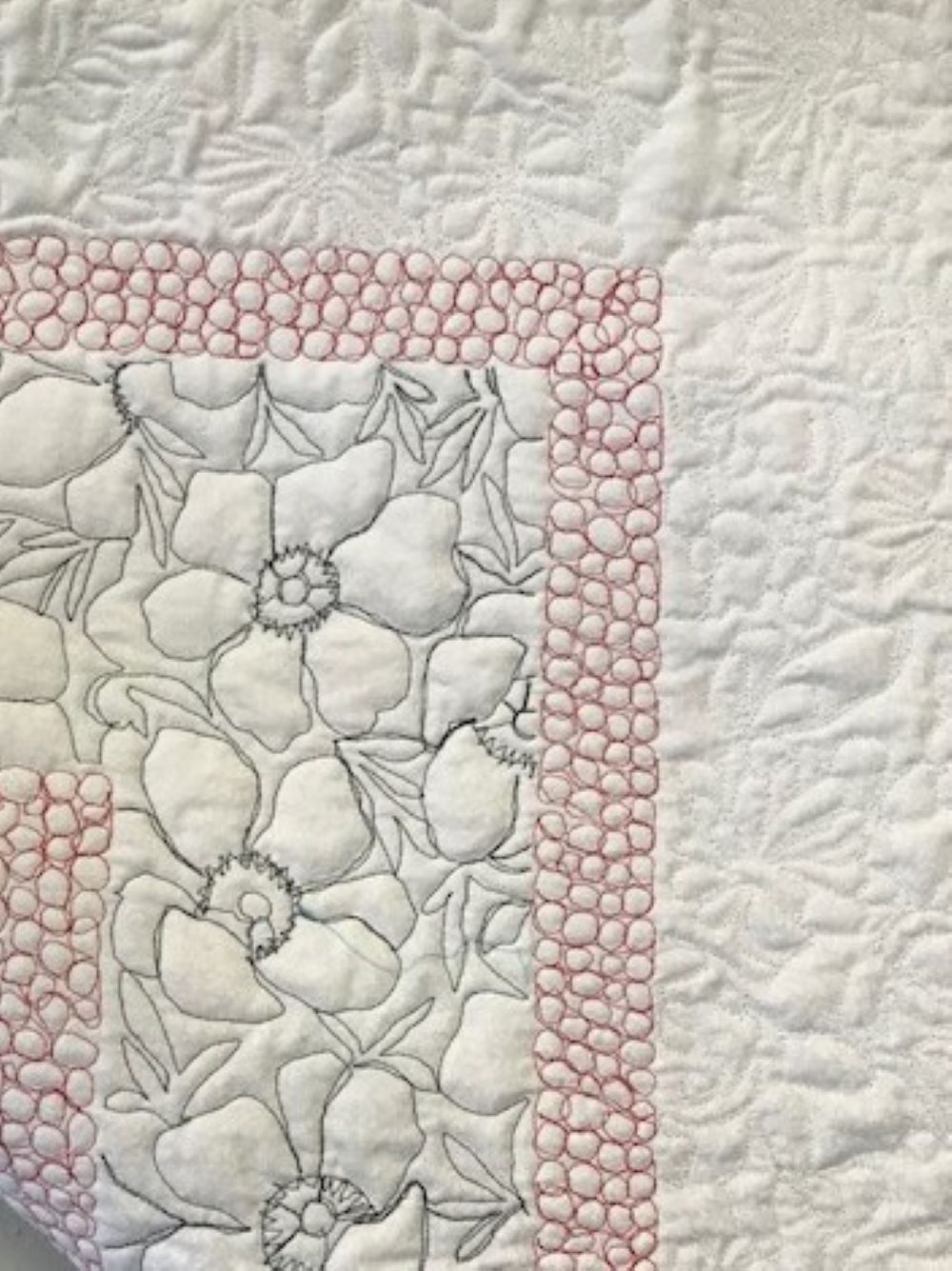 Close up of free motion quilting on quilt back.